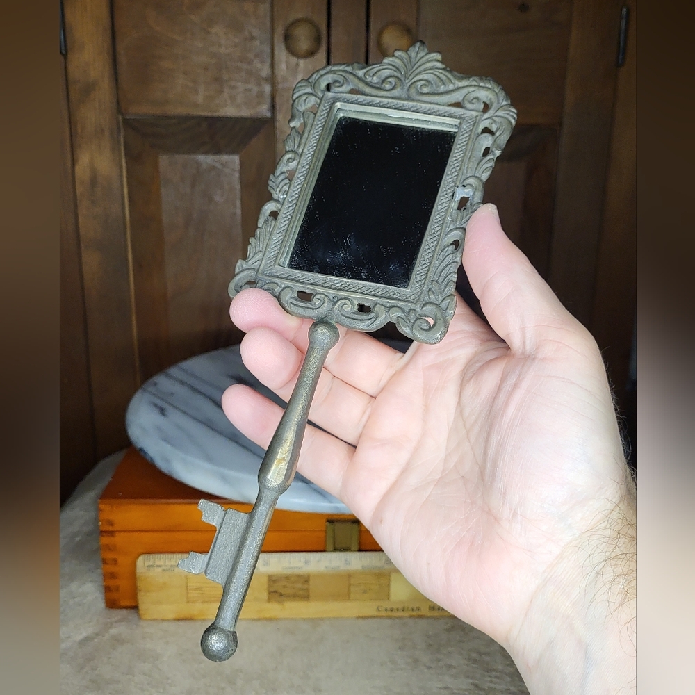 Vintage Ornate Handheld Mirror with Key Handle